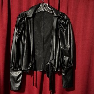 Elegant Black Women's faux Leather Jacket Front Tie